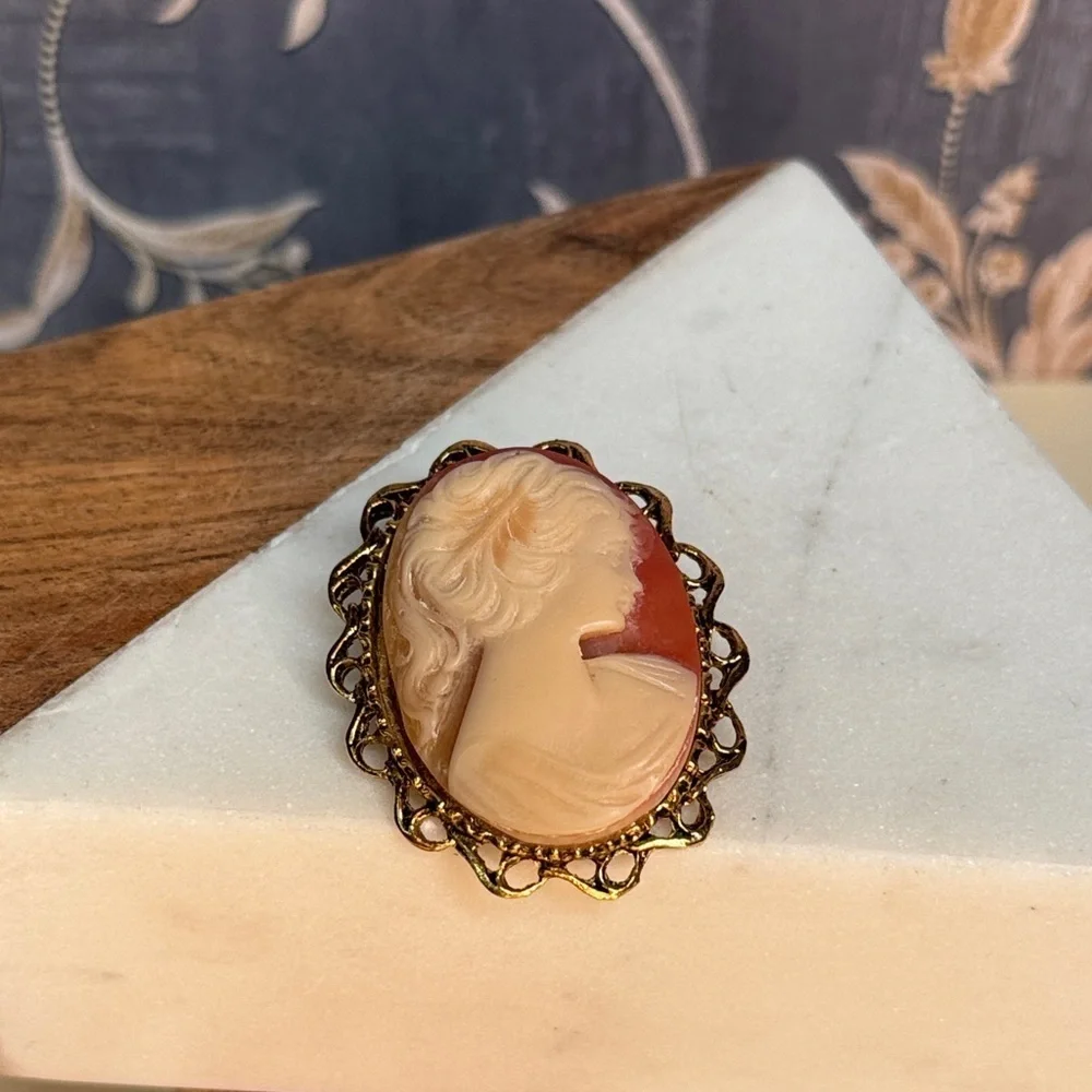 Vintage Cameo Type Costume Pin Brooch in Goldtone Frame Setting Lot B38